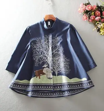navy blue cotton Женская весенне-осенняя хлопковая льняная рубашка с национальной вышивкой, Женская винтажная Повседневная Свободная шикарная хлопковая блузка, рубашка tb217 - Цвет: navy blue cotton
