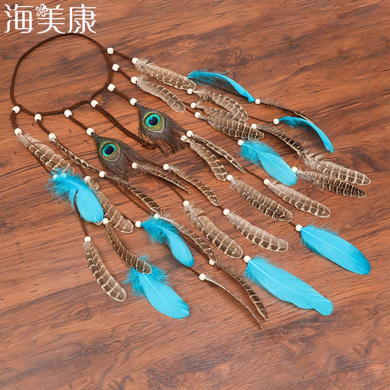 

Haimeikang 2021 New Boho Colorful Feather Headband Festival Hippie Hair Band Accessories for Women Styling Peacock Headdress