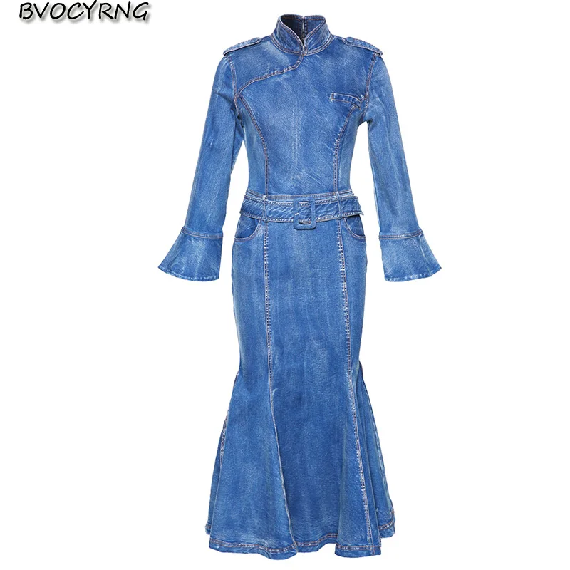 

New European big size denim dresses women spring Three Quarter sleeved slim fishtail dress female Retro high-end cowboy dress