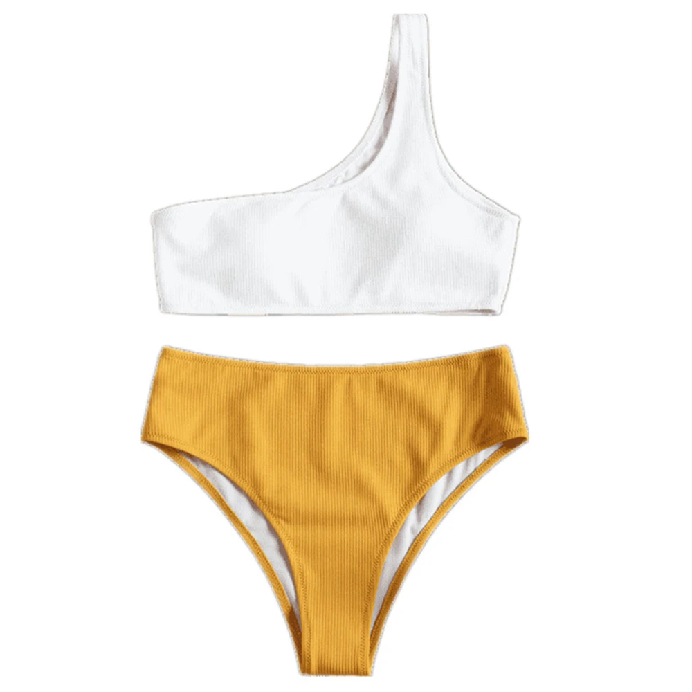 2019 Sexy High Waist Single Pit Cloth Solid Prtchwork Open Back Swimsuit Bikini Set Swimwear Women Bathing Suit Maillot | Женская одежда