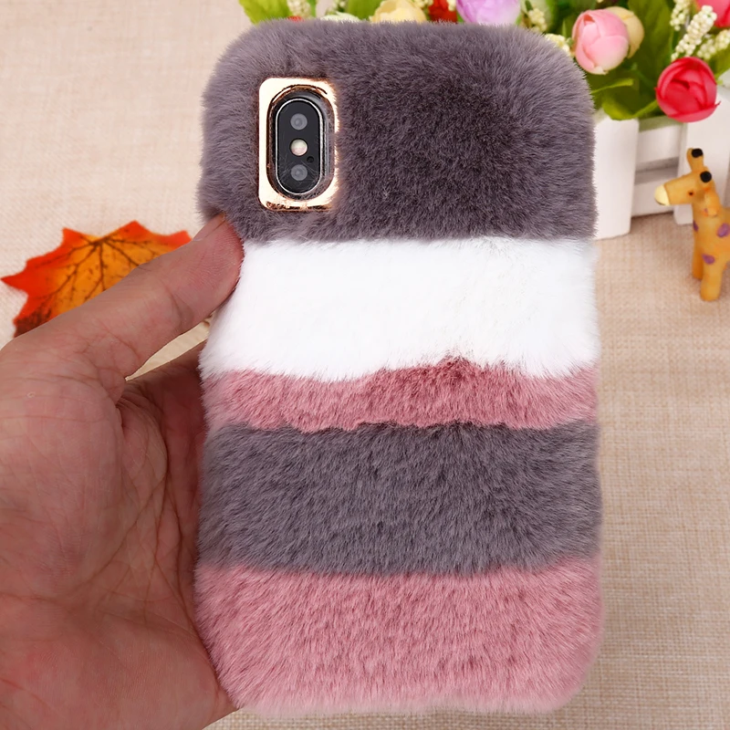 Пушистый мех кролика чехол для iPhone X XS Max 8 7 Plus Мягкий телефона теплый пушистый XR 6 6s