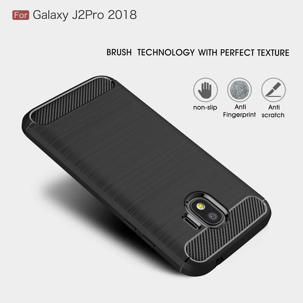 KEYSION Phone Case for Samsung Galaxy J2 Pro 2018 Carbon Fiber Soft TPU Silicone Brushed Anti-knock Back Cover J250F J250 |