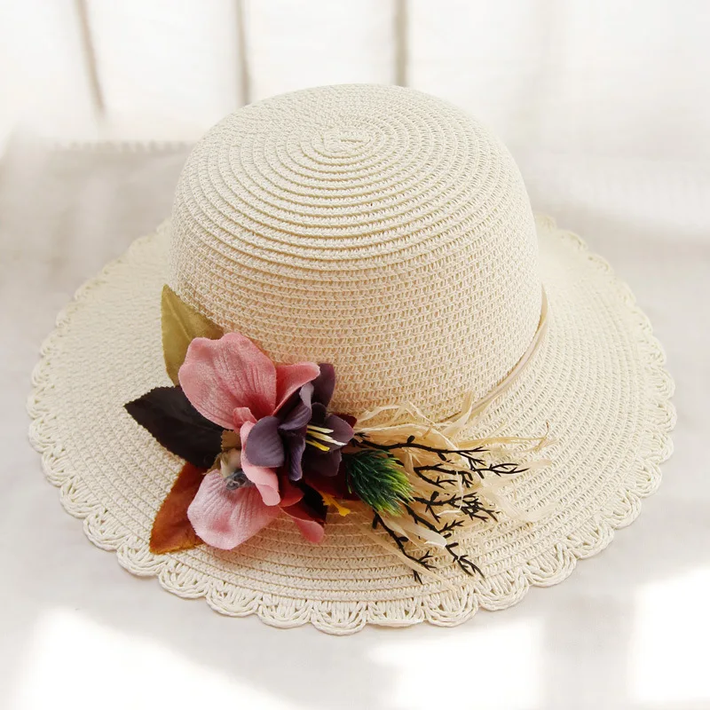 Шляпа женская Соломенная с широкими полями и цветами молодежная Панама от солнца