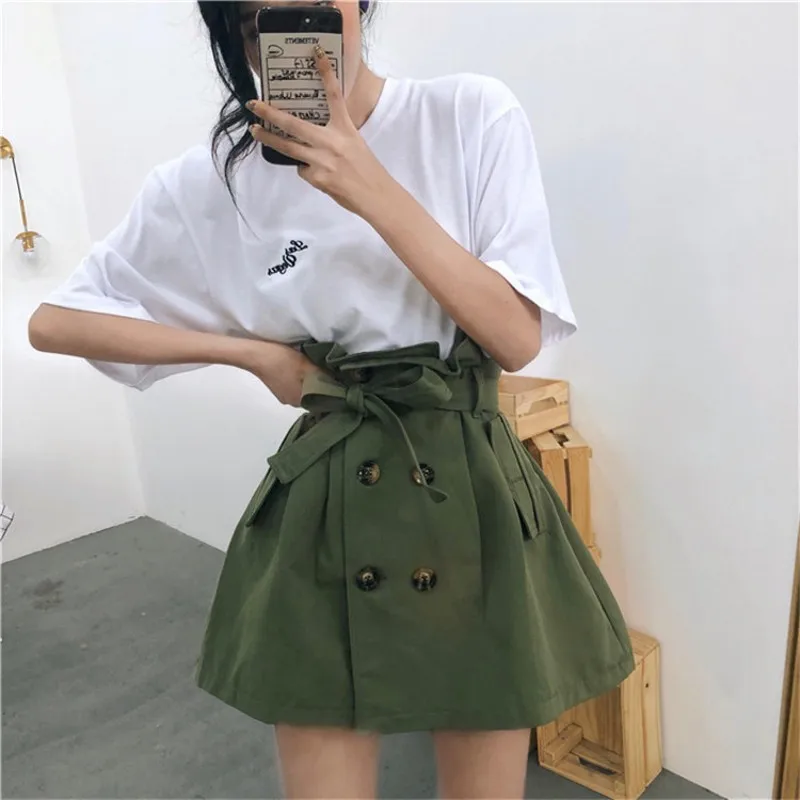 

Casual Ruffle Waist Self Belt Bow Shorts Army Green High Waist Wide Leg Shorts 2018 Summer New Women Plain Shorts