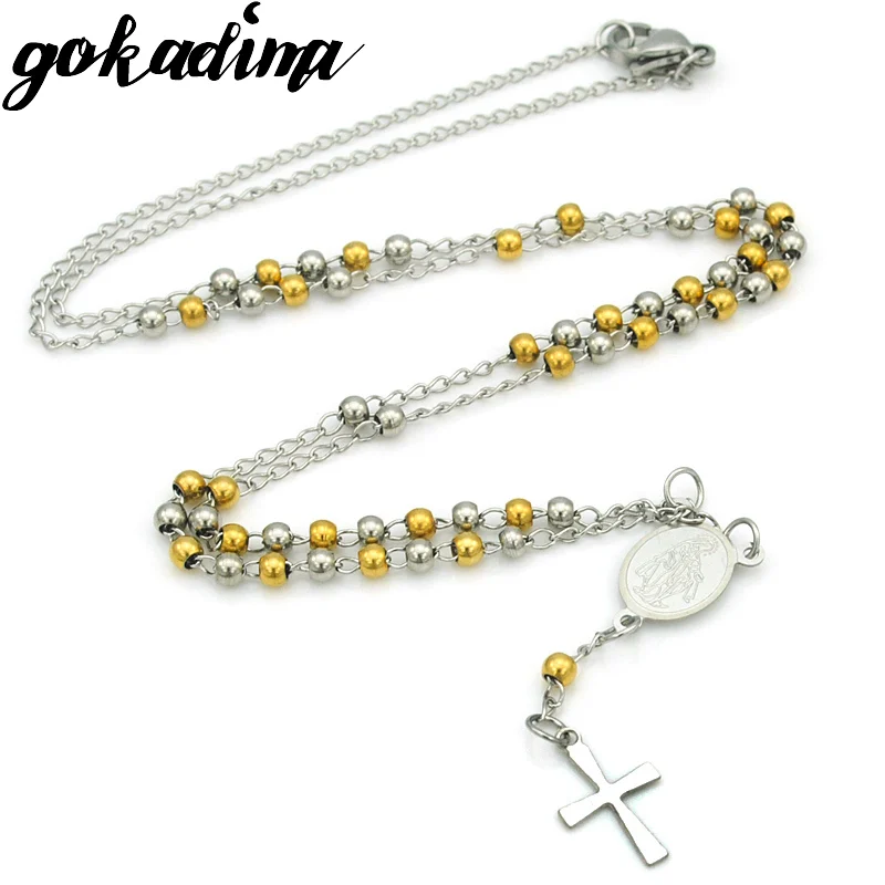 GOKADIMA крутой золотой цвет мужские ювелирные изделия 3 мм бусины из нержавеющей стали Дева Мария Крест Подвеска Четки Ожерелье для женщин 2018 подарок WRN102