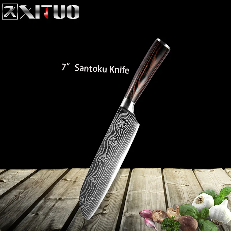 7inch Santoku Knife XITUO набор кухонных ножей шеф-повара режущий инструмент кухонные принадлежности в японском стиле из высокоуглеродистой нержавеющей стали Шлифовальный лазерный узор для овощей - Цвет: 7inch Santoku Knife