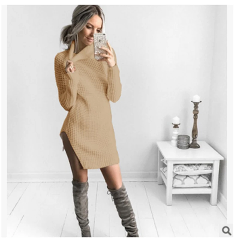 2017 Women Autumn Winter Long Sleeve Sweater Dresses Slim Turtleneck Sexy Bodycon Split Ends Knitted Solid Color Robe Dress | Женская