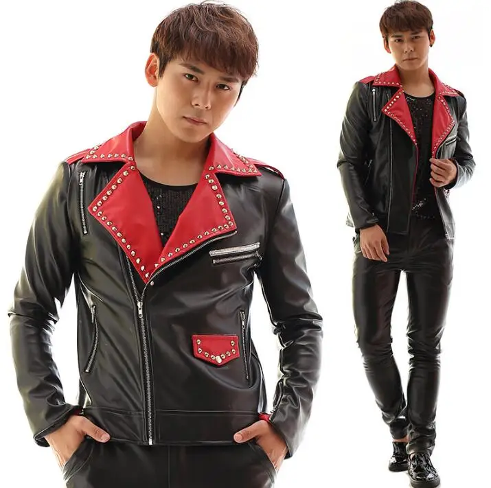 Мужской пиджак с заклепками мужской косой молнией черный и красный цвета |