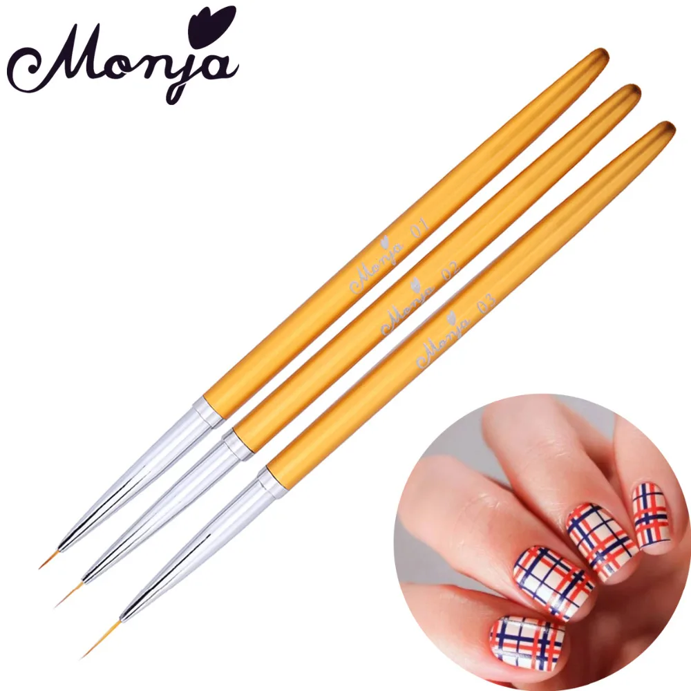 Monja комплект из 3 предметов, 5/7/11 мм нейл-арта с металлической ручкой французский полоски линии цветок рисования Лайнер Кисть с ручкой для маникюра Инструменты