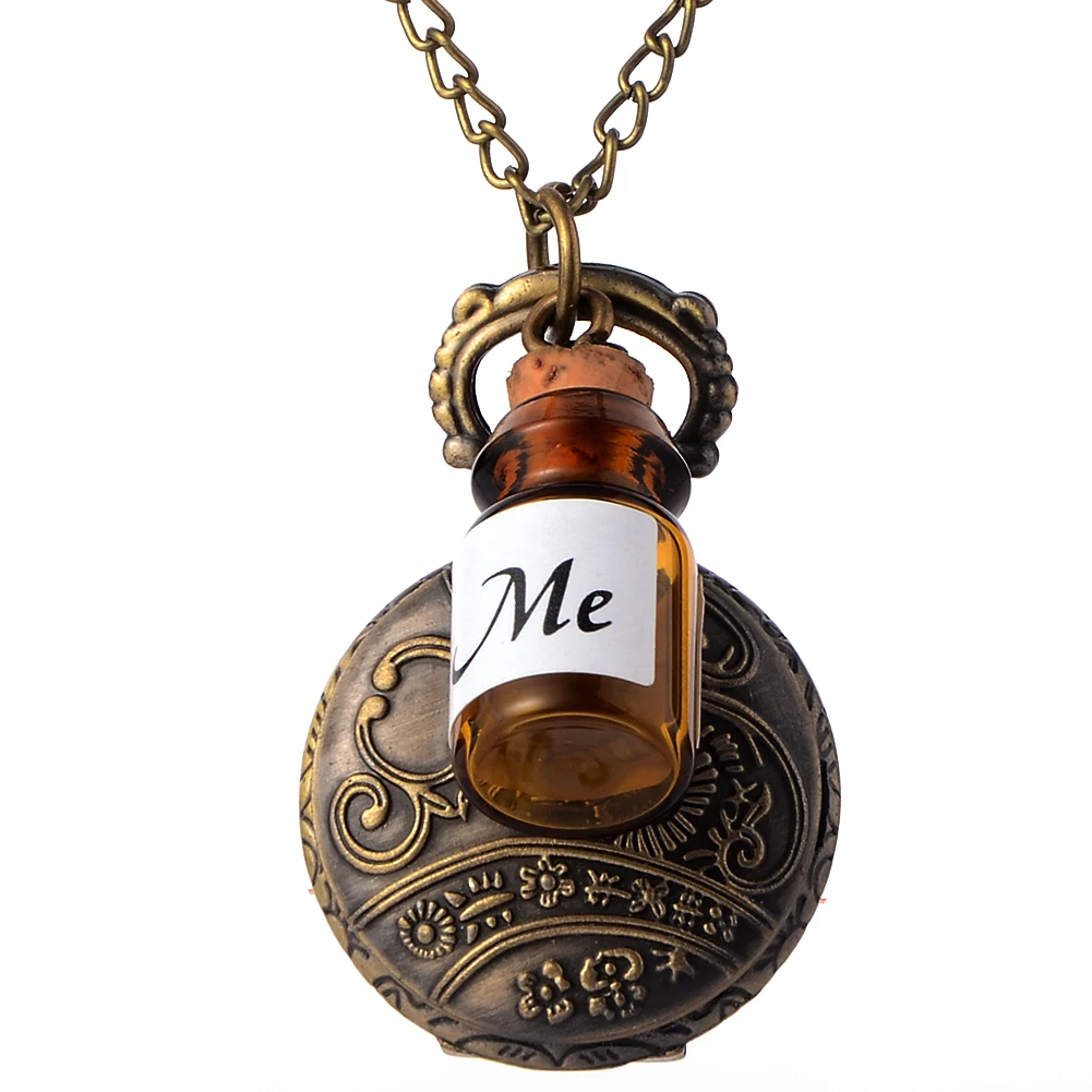 Винтажные стеклянные карманные часы Alice In Wonderland Drink Me Bottle темно-коричневого цвета с откидной крышкой, кварцевые часы для женщин, подарок для девушек, ожерелье в стиле стимпанк