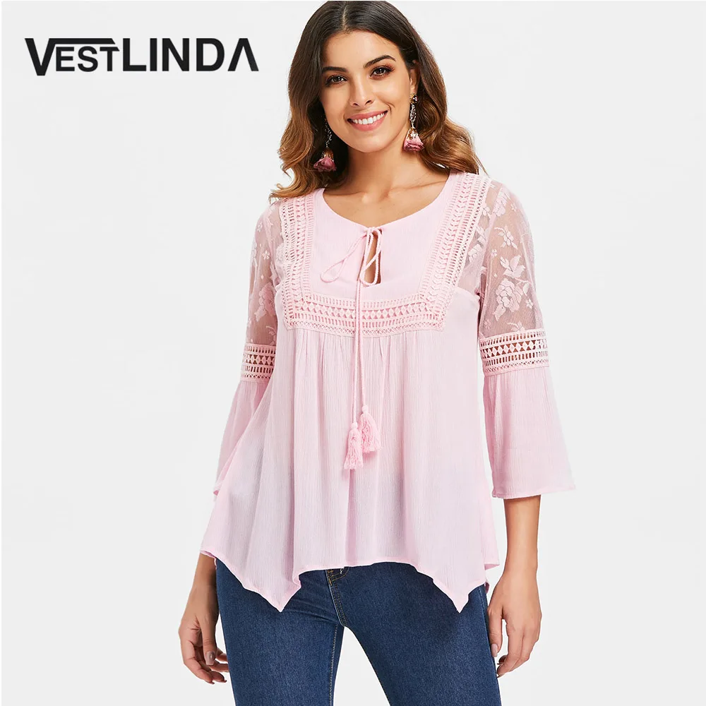 VESTLINDA кружевная однотонная розовая Асимметричная блузка с кисточками Женская