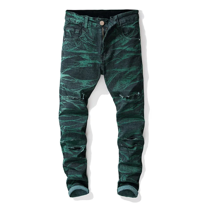 ABOORUN Модные мужские обтягивающие рваные джинсы с принтом Tie Dye, мужские городские джинсы для бега x1610