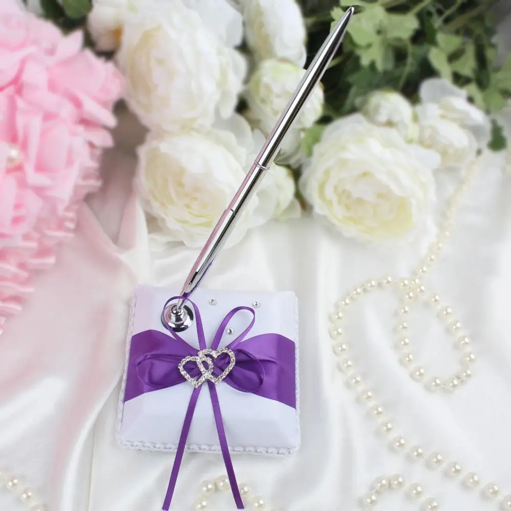 purple OurWarm атласная Свадебная Гостевая книга 25x16 см двойное сердце подарки для причастия сувениры с Стразы Декор Высокое качество - Цвет: purple