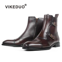 vikeduo handmade plain buckle zip ankle boots men genuine cow skin square toe mens winter autumn boot patina brown leather boot
