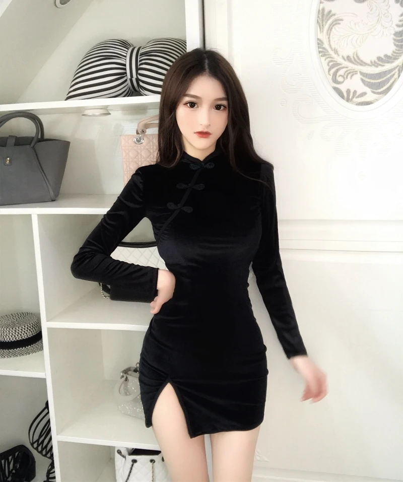 Женское винтажное бархатное платье Cheongsam черное облегающее с длинным рукавом в