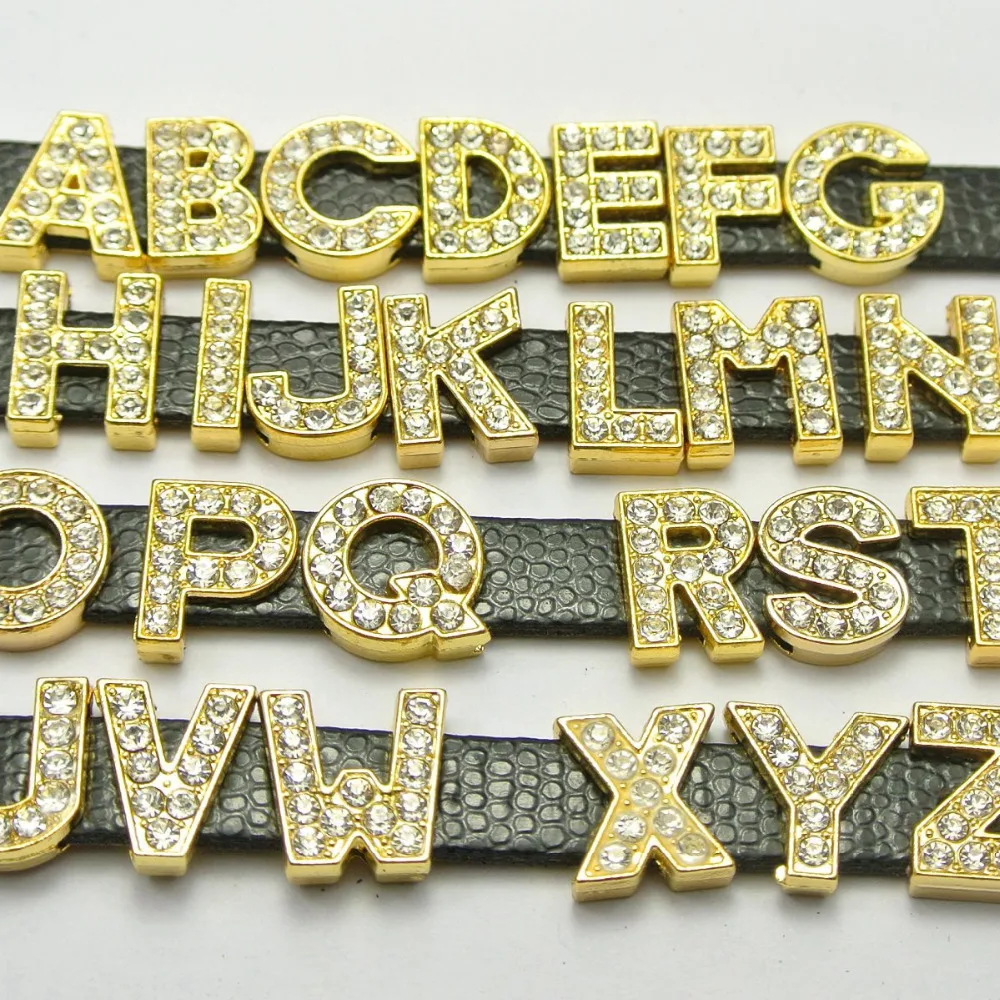 

26 Gold Alloy Rhinestone Alphabet Letter "A-Z"Slide Charm Fit 10mm Wristbands