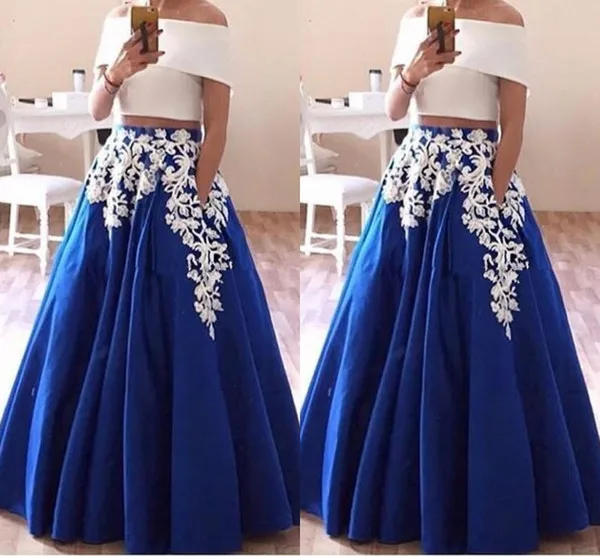 

Two Pieces Prom Dresses 2020 Pocket A Line Royal Blue Skirt Crop Top Off the Shoulder White Appliques vestidos de festa elegant