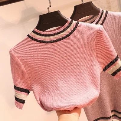 pink Cakucool сезон: весна-лето корейский Тонкий футболка для женщин круглый средства ухода за кожей Шеи трикотажный топ с длинным рукаво - Цвет: pink