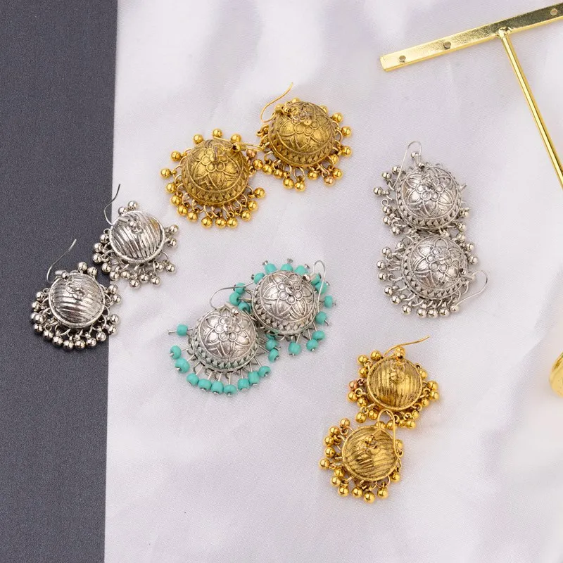 TopHanqi в этническом стиле ретро Индии Jhumka Jhumki серьги Femme Античная золотистый гравированный лотоса фонарь, свисающие серьги для женщин, серьги ... (art.: 7aa734f25) - 7aa734f25
