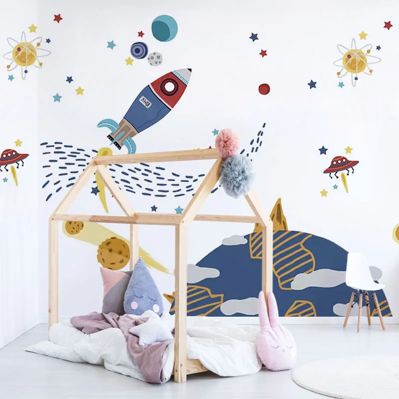 

White and blue space imagination rocket and planets 3D wall paper mural on the wall wholesale for boy kid's room wall decor