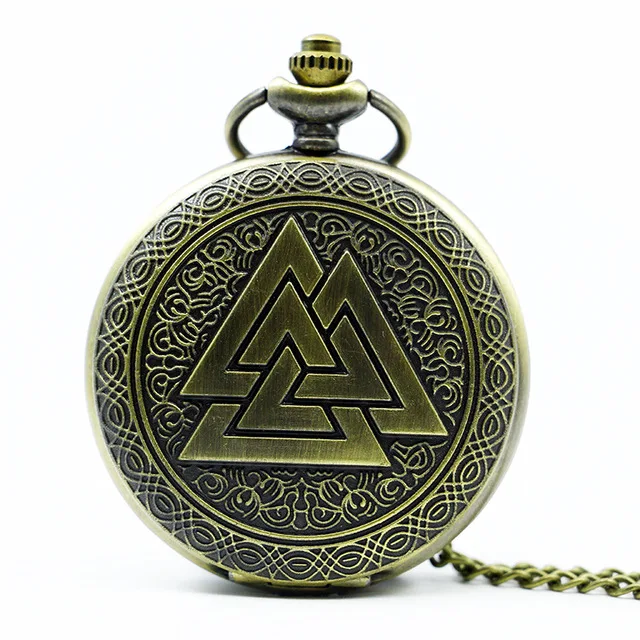 Винтажный треугольник Valknut в стиле норвежских викингов бронзовые кварцевые карманные часы ожерелье цепь три блокировки Fob часы дружбы TD2124