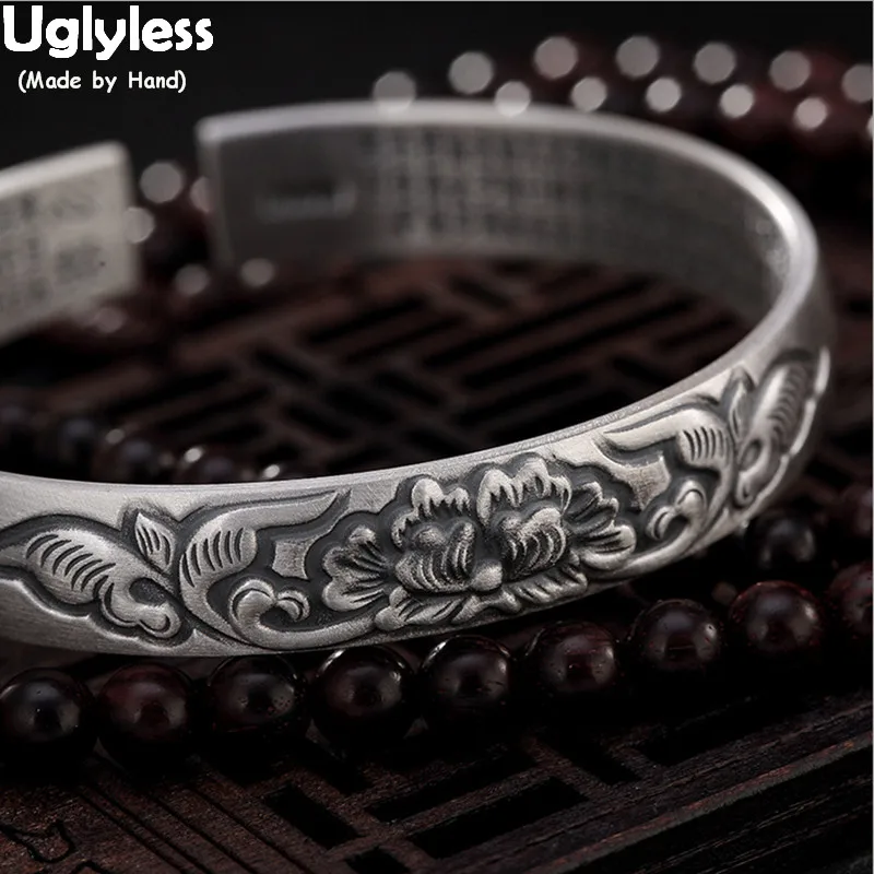 

Uglyless 100% Real 99.9% Full Silver Peony Flower Bangles for Women Thai Silver Adjustable Bangles Buddhism Heart Sutra Jewelry