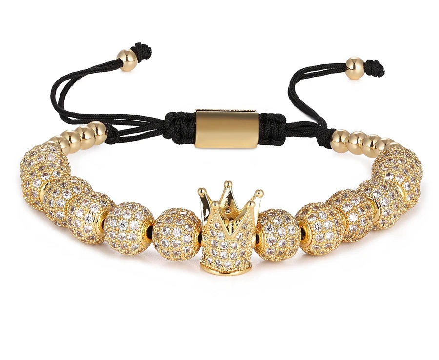 Top Quality Luxury Jewelry 3pcs/Set Bracelet Hip Hop Gold Jewelry Cubic Micro Pave CZ Crown Bead Bracelets For Men Women Gift