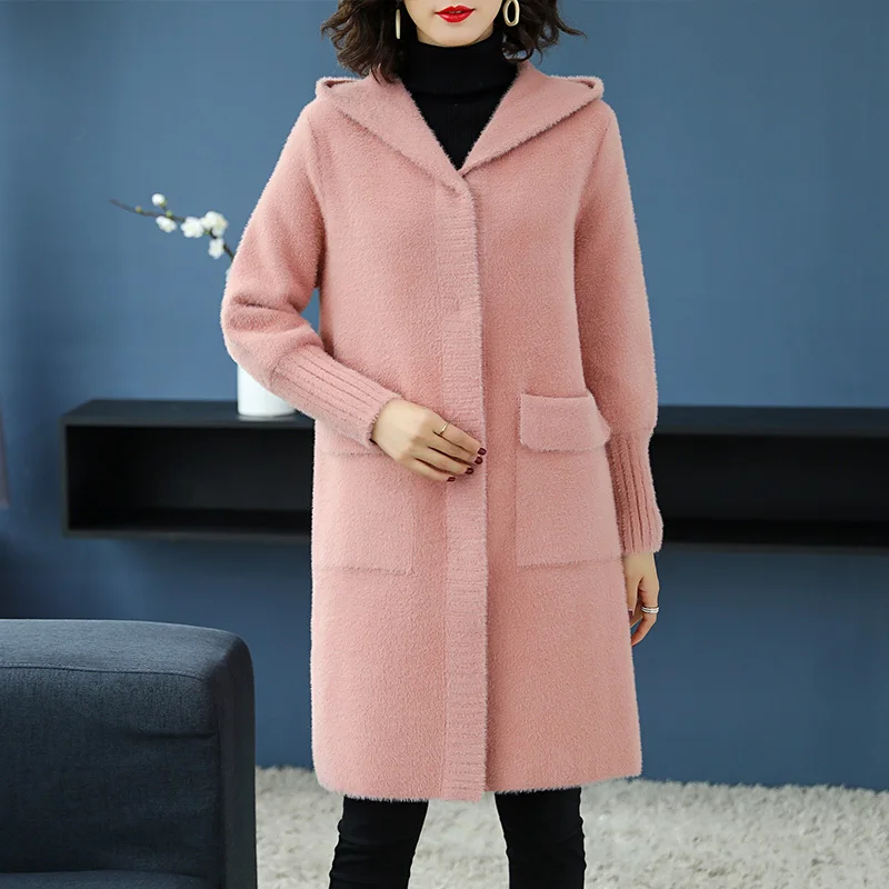 Женское длинное шерстяное пальто 3XL однотонное теплое с капюшоном на осень и зиму