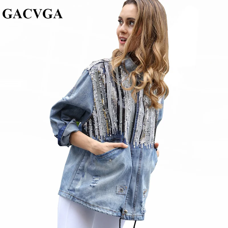 Женская джинсовая куртка с блестками GACVGA бомбер длинными рукавами винтажные