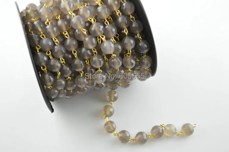 

10mm Faced Grey Faceted Stone Round Beads by Gold Color Wire Linked on Role