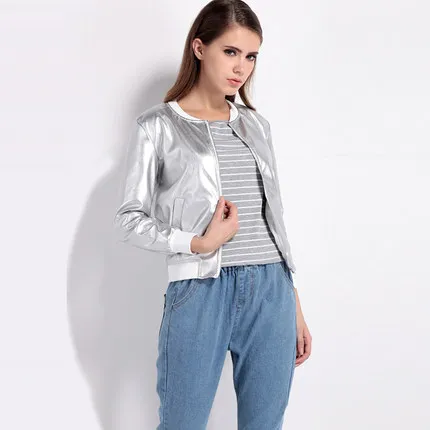 2019 Осенняя модная женская металлическая Серебряная летная куртка повседневная