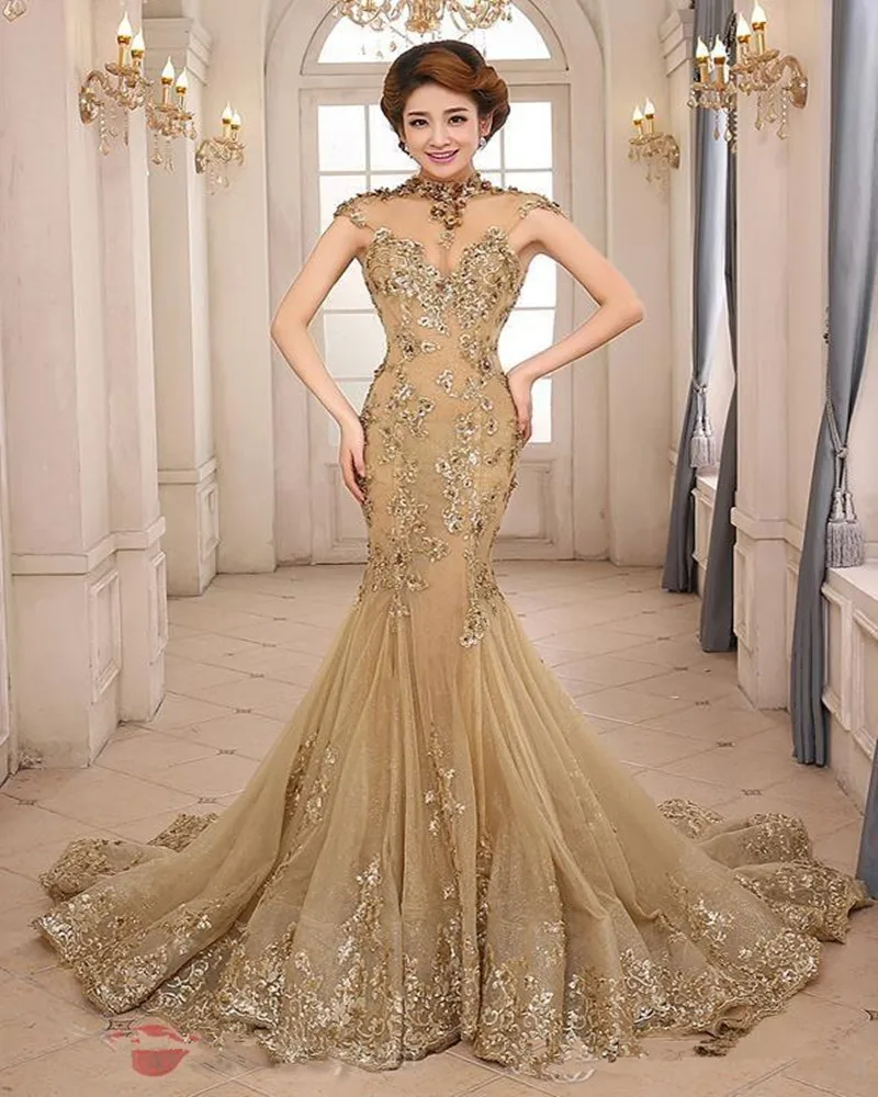 2016 Пром Платья Вечера Партии Высокая Шея Русалка С Capped Рукавом Платье Спинки