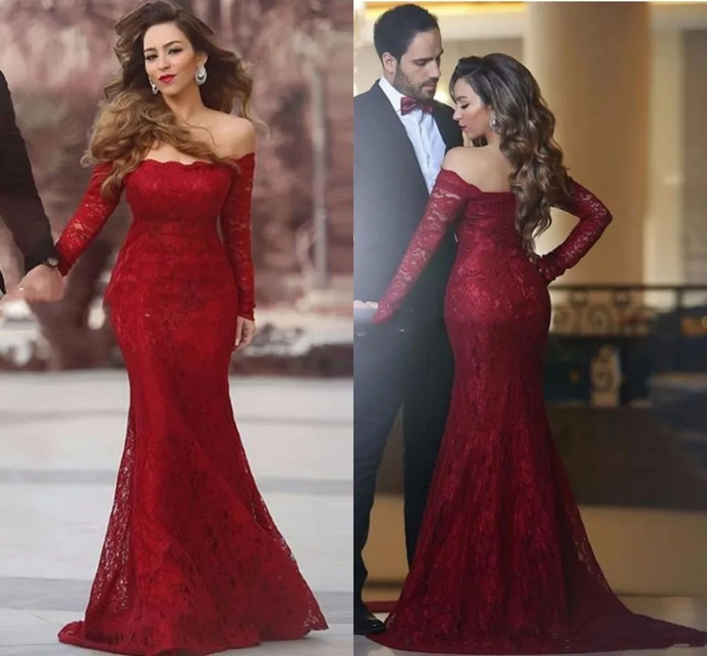 

Burgundy Muslim Evening Dresses Mermaid Long Sleeves Lace Islamic Dubai Saudi Arabic Long Evening Gown Prom Dress