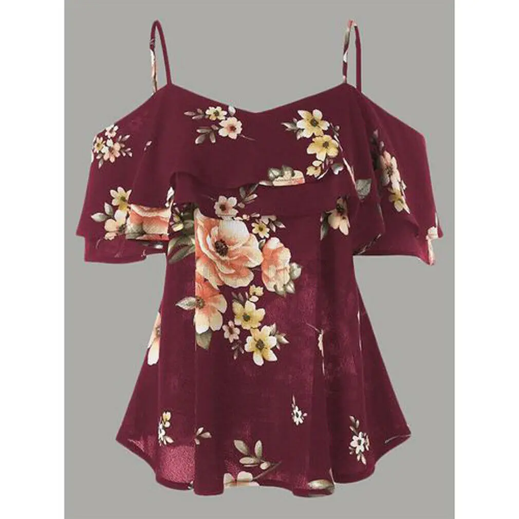 Женская шифоновая блузка с открытыми плечами цветочным принтом и оборками