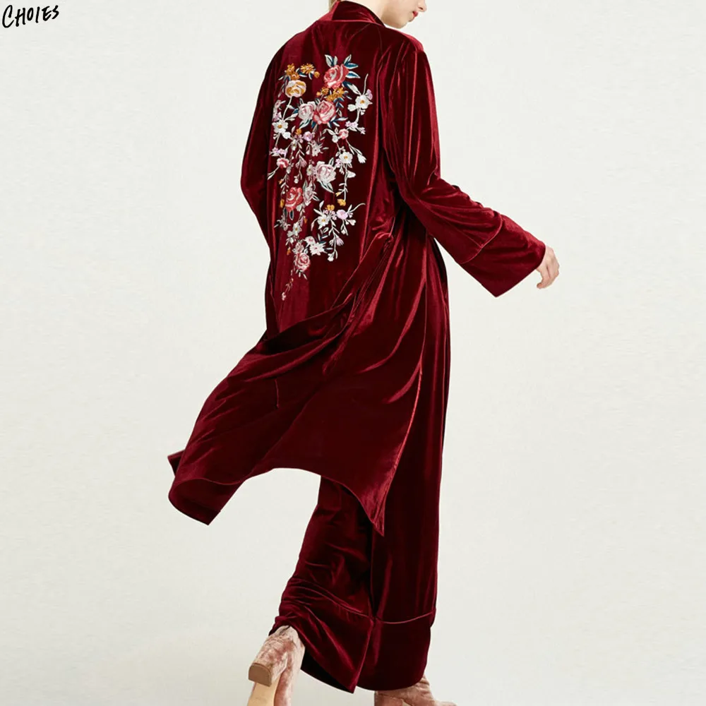 2 Colors Floral Embroidery Back Velvet Trench Coat Women Tied Waist V Neck Long Sleeve 2017 New Autumn Longline Outwear | Женская одежда