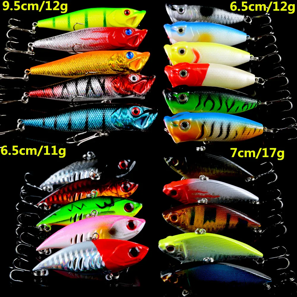 

New 21pcs/Set Fishing Lures Mixed 2 Popper Lure and 2 VIB Biat 4 Model Hard Baits Artificial Make Fishing Tackle