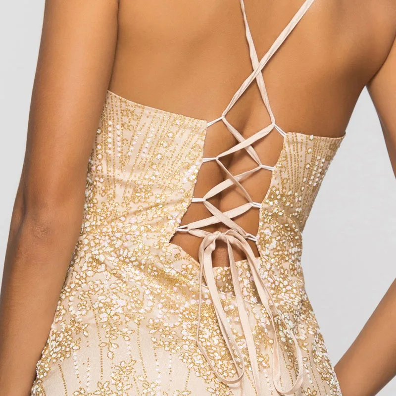 JLI MAY Sexy lace-up mini party dress women summer club bodycon slim bronzing ruffles v-neck spaghetti strap sleeveless sundress | Женская