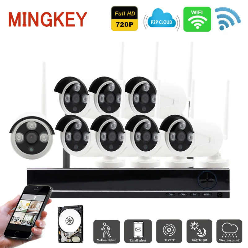 Mingkey 8ch dvr комплект 1.0mp Беспроводной безопасности Камера Системы Wi Fi IP ИК nighvison