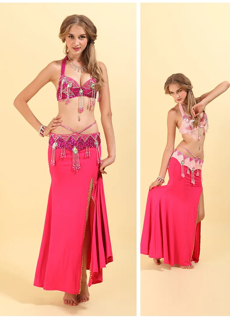 Professional Dance Wear Belly Dance Clothes 3 pcs Beaded Bra Belt Skirt Set Women Oriental Dance Costumes