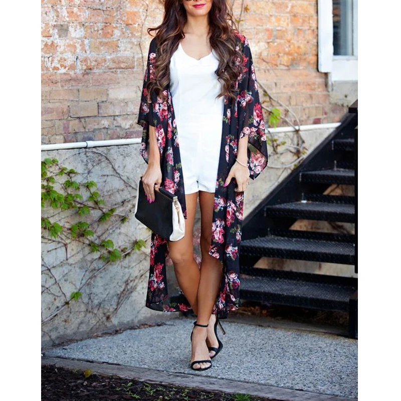 Женское свободное кимоно с цветочным принтом пляжный шифоновый топ в стиле бохо длинное пальто блузка лето