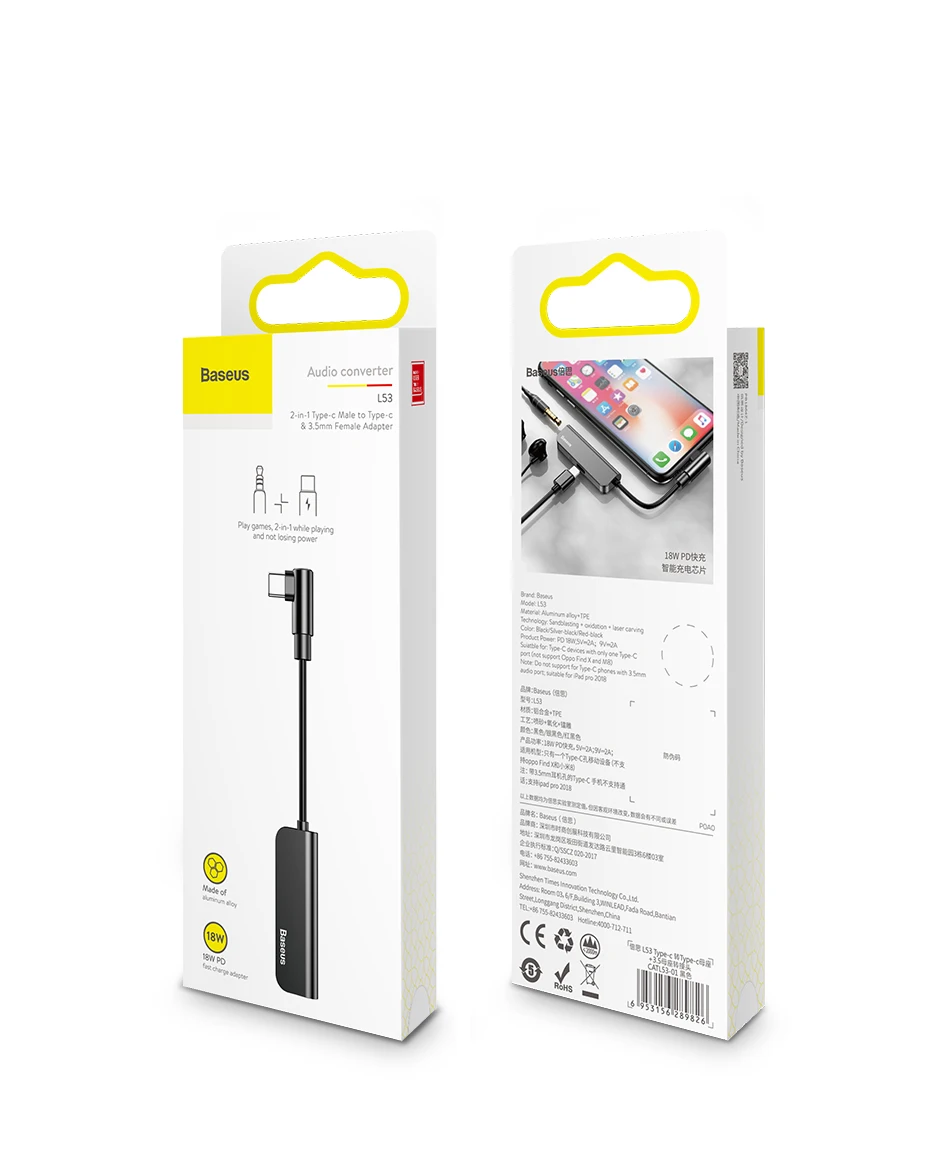 Baseus usb type C до 3,5 мм разъем для наушников Aux адаптер PD 18 Вт USB-C type-C OTG кабель для huawei samsung Note 10 Plus USBC сплиттер