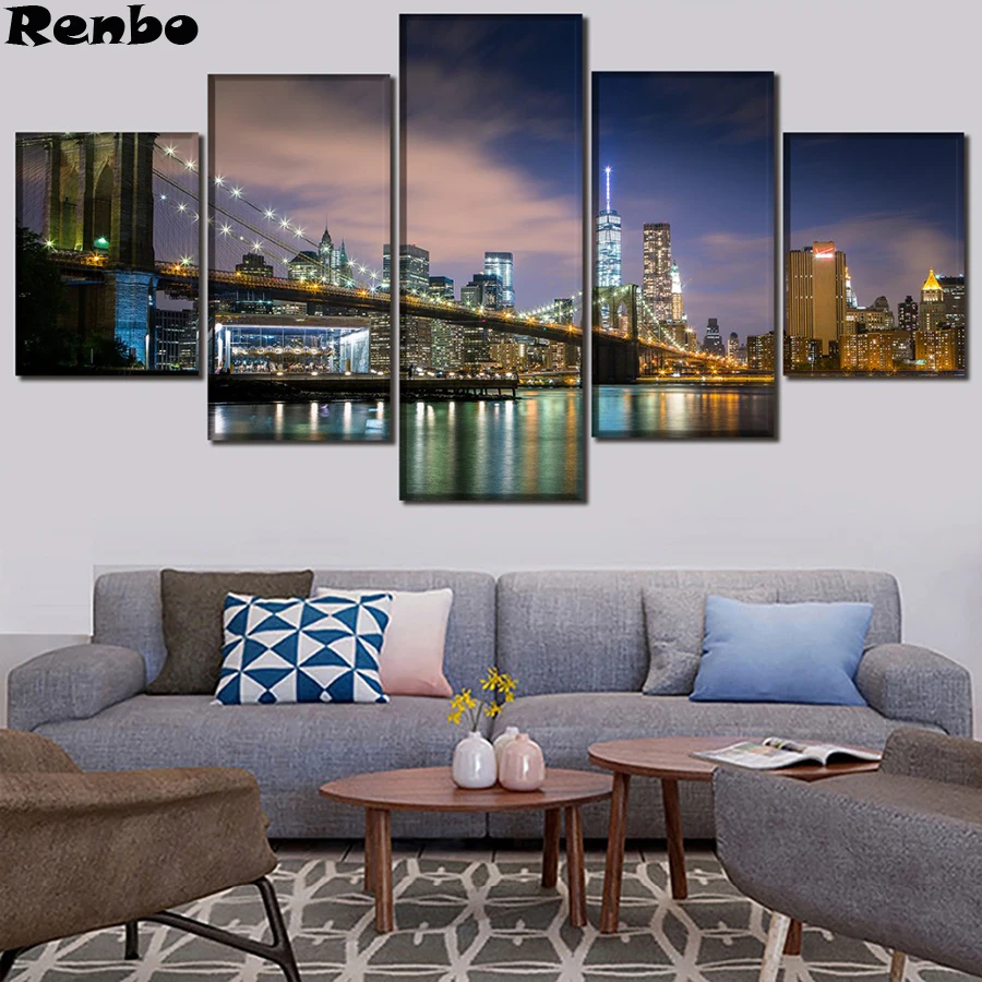 

5d diy diamond painting full square round drill mosaic diamond Embroidery New York Bridge Painting For Living Room Decor 5 pcs