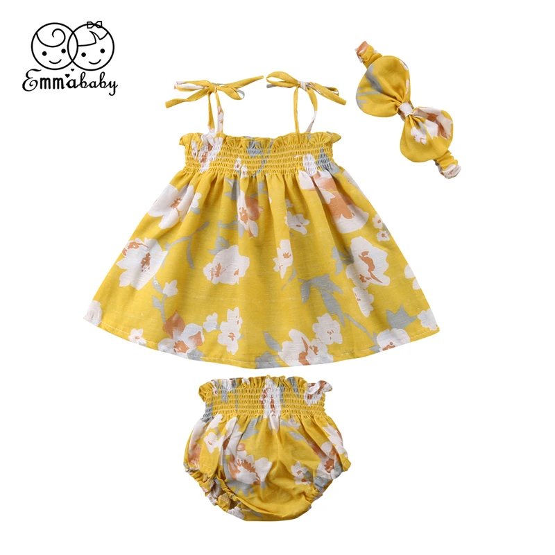 

Summer Baby Girls Clothing Set Kids Clothes Yellow Strappy Flower Top T-shirt Dress Baby Shorts Girl Headband 3PCS Outfit