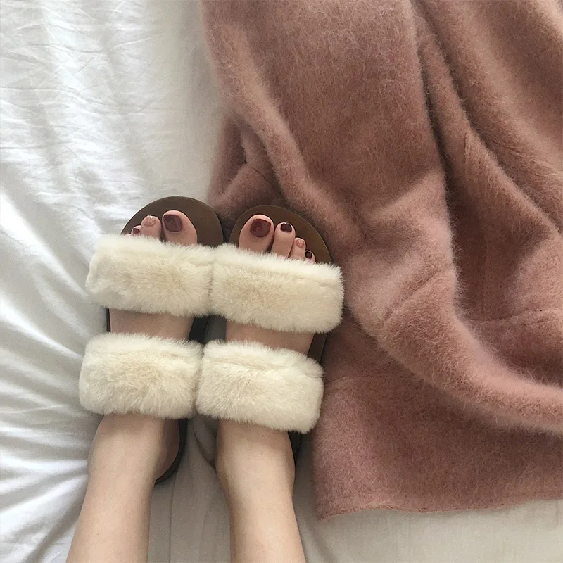 Double Band KHTAA/женские меховые тапочки на плоской подошве; белая плюшевая обувь с перекрестными ремешками; нескользящая женская обувь для улицы; милые пушистые шлепанцы; модная меховая обувь; Новинка; сезон лето - Цвет: Double Band