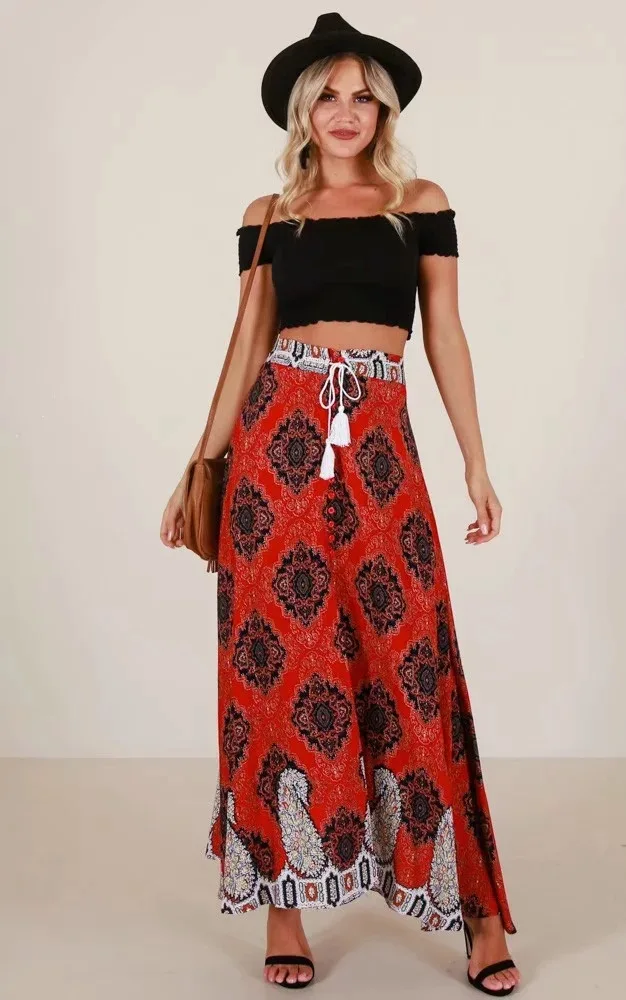 

Artfeel 2018 New Print Bohemia Skirt Women 2 Colors Vintage Summer Beach Tassel Boho Sexy Wrap Single-breasted Tie Long Skirts