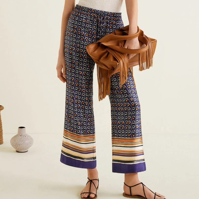 Arvinxia Fashion Loose Wide Leg Lace Up Woman Pants New Geometric Printed Women Trousers Vintage Drawstring Bow Tie Ladies | Женская