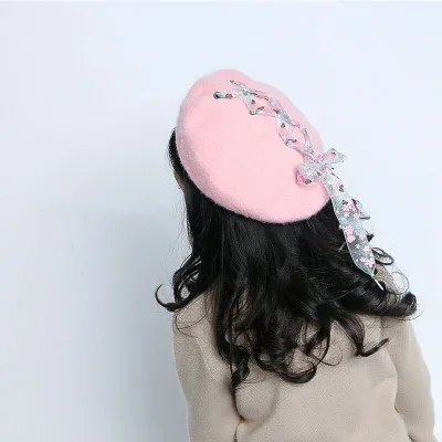 pink Элегантный теплый флис красный берет Шапки для девочек на весну и зиму шерсть вязаная берет без каблука Кепки Регулируемая Хип-Хоп Детские береты - Цвет: pink
