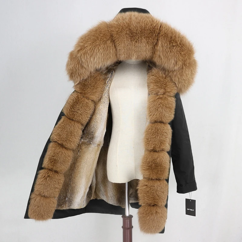 black camel OFTBUY, пальто из натурального меха, зимняя куртка, Женская водонепроницаемая длинная парка, натуральный Лисий мех, воротник, капюшон, мех кролика, подкладка, верхняя одежда, съемная - Цвет: black camel
