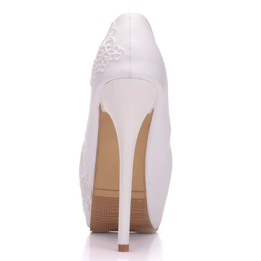 

Women High Heels Round Toe Leather Lace White Wedding Shoes Slip-On Stiletto Heels 14cm Sexy Women Platform Pumps Shoes