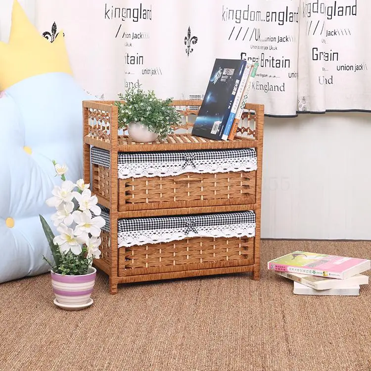 Two-layer white rattan storage cabinet drawer-style pastoral modern minimalist wooden bedroom bedside table